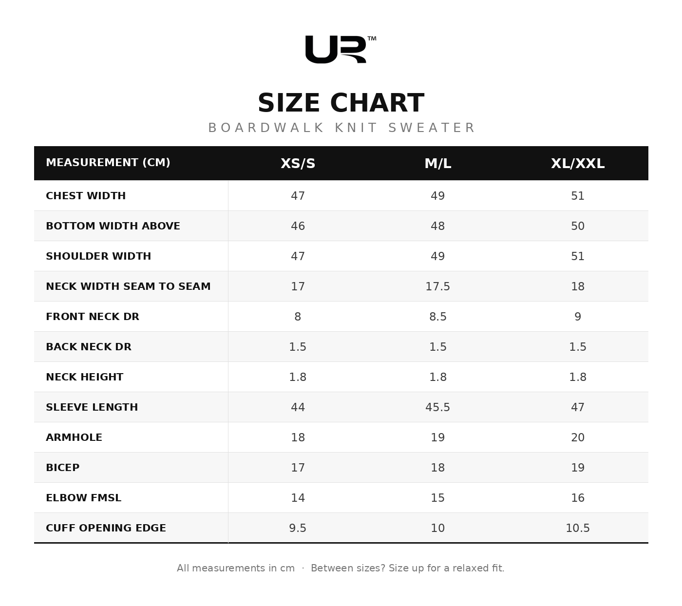 Boardwalk Knit Sweater – Lightweight Jacquard Graphic Pullover size chart