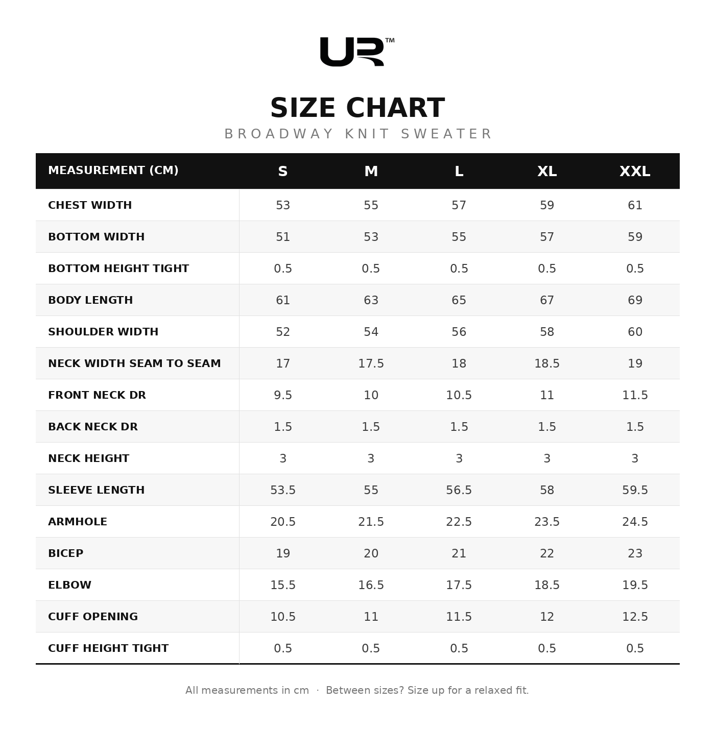 Broadway Knit Sweater – Lightweight Jacquard Graphic Pullover size chart