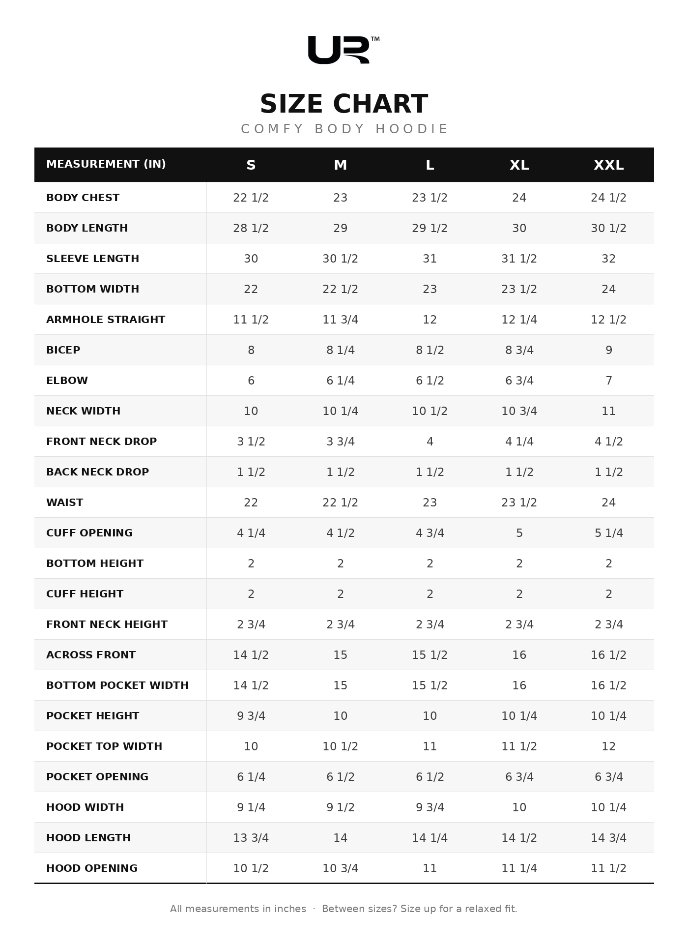 Comfy Body Hoodie size chart