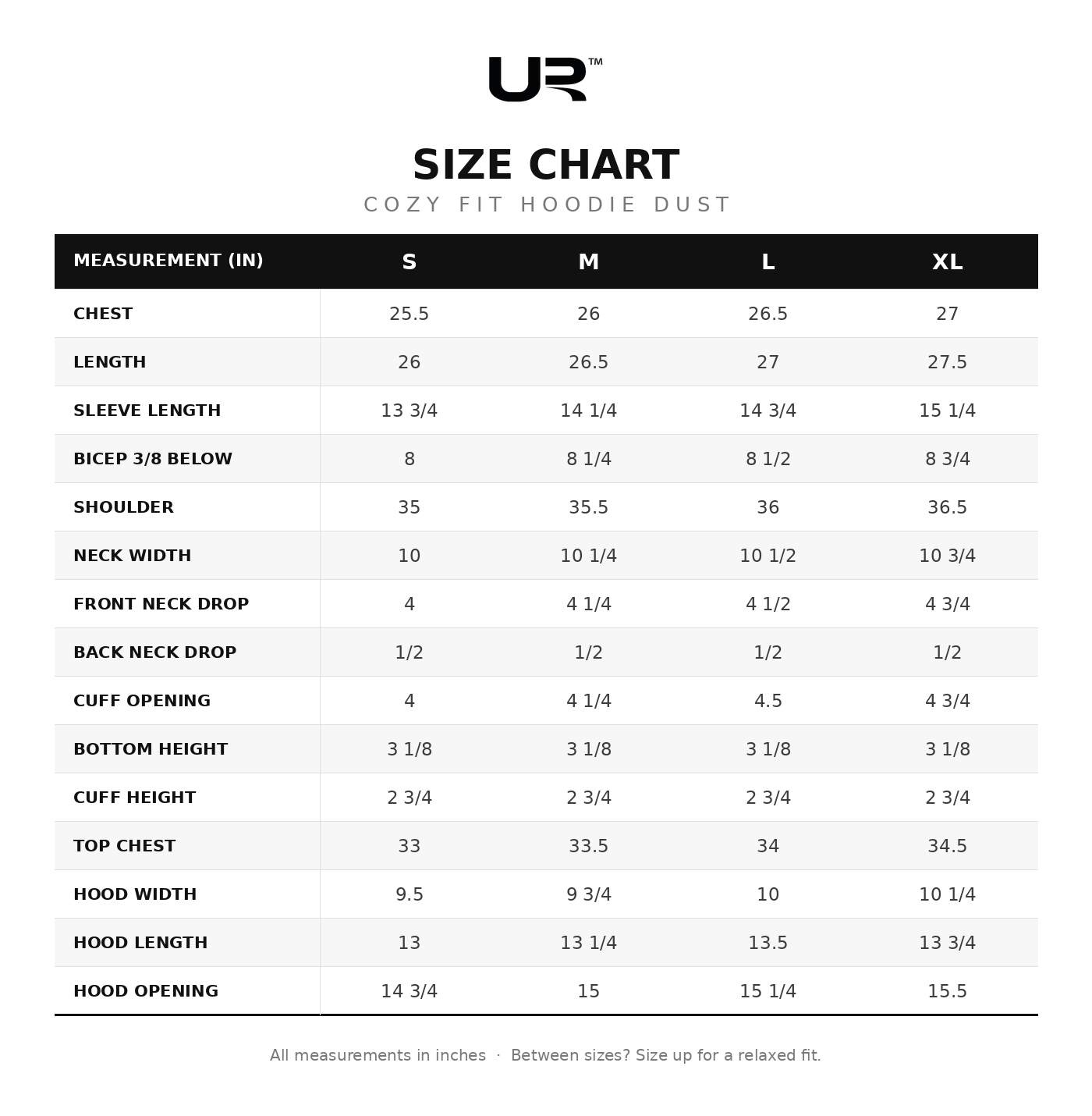 Cozy Fit Hoodie Dust size chart