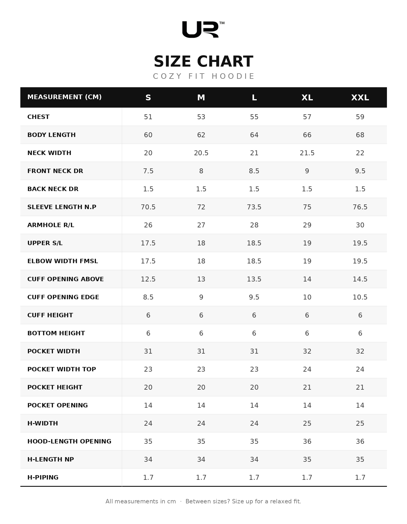 Cozy Fit Hoodie size chart
