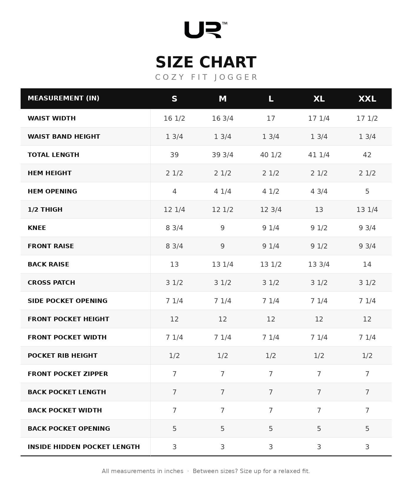 Cozy Fit Jogger size chart