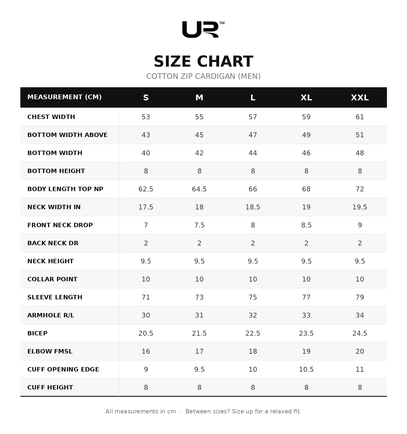 Urbvn Cotton Zip Cardigan – Men's Full Zip Lightweight Sweater size chart