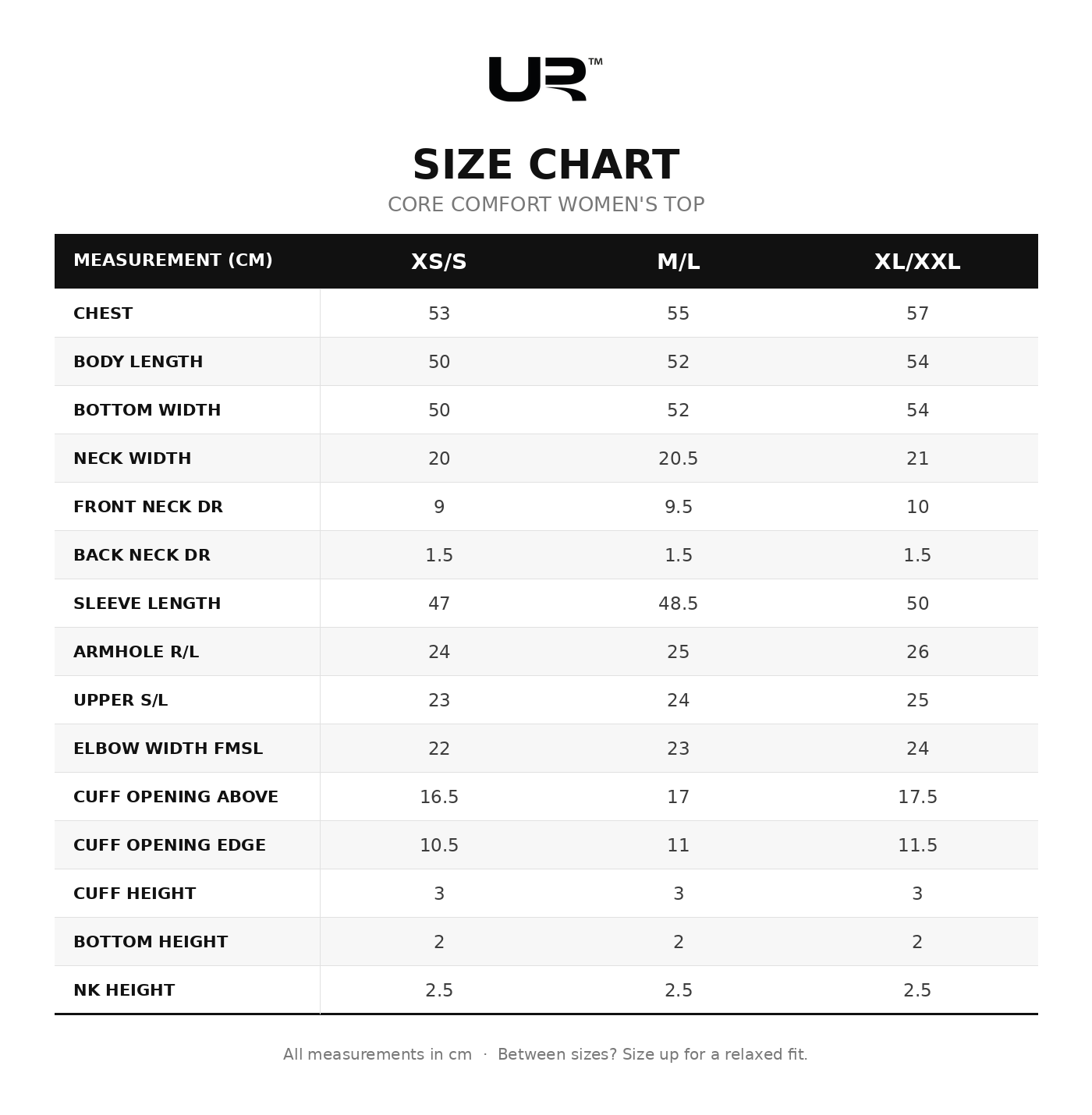 Core Comfort Women's Top size chart