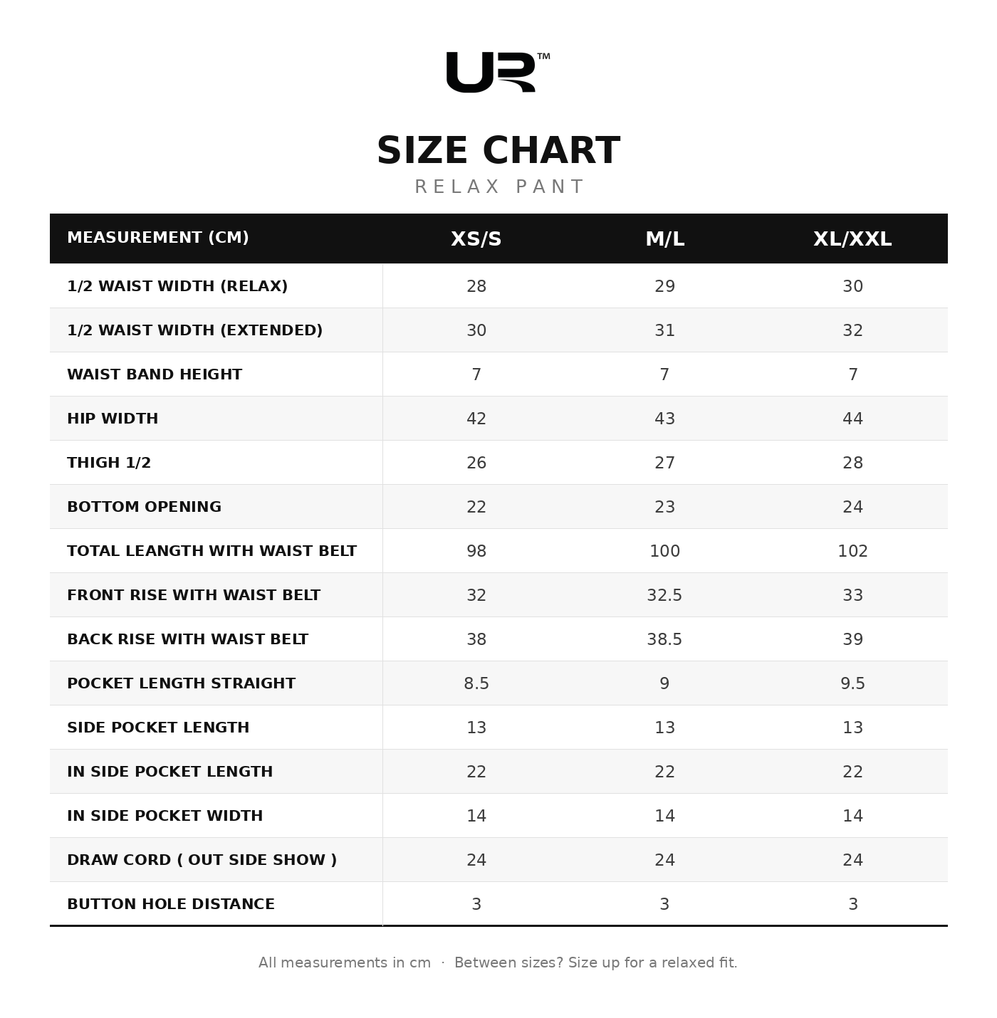Relax Pant size chart