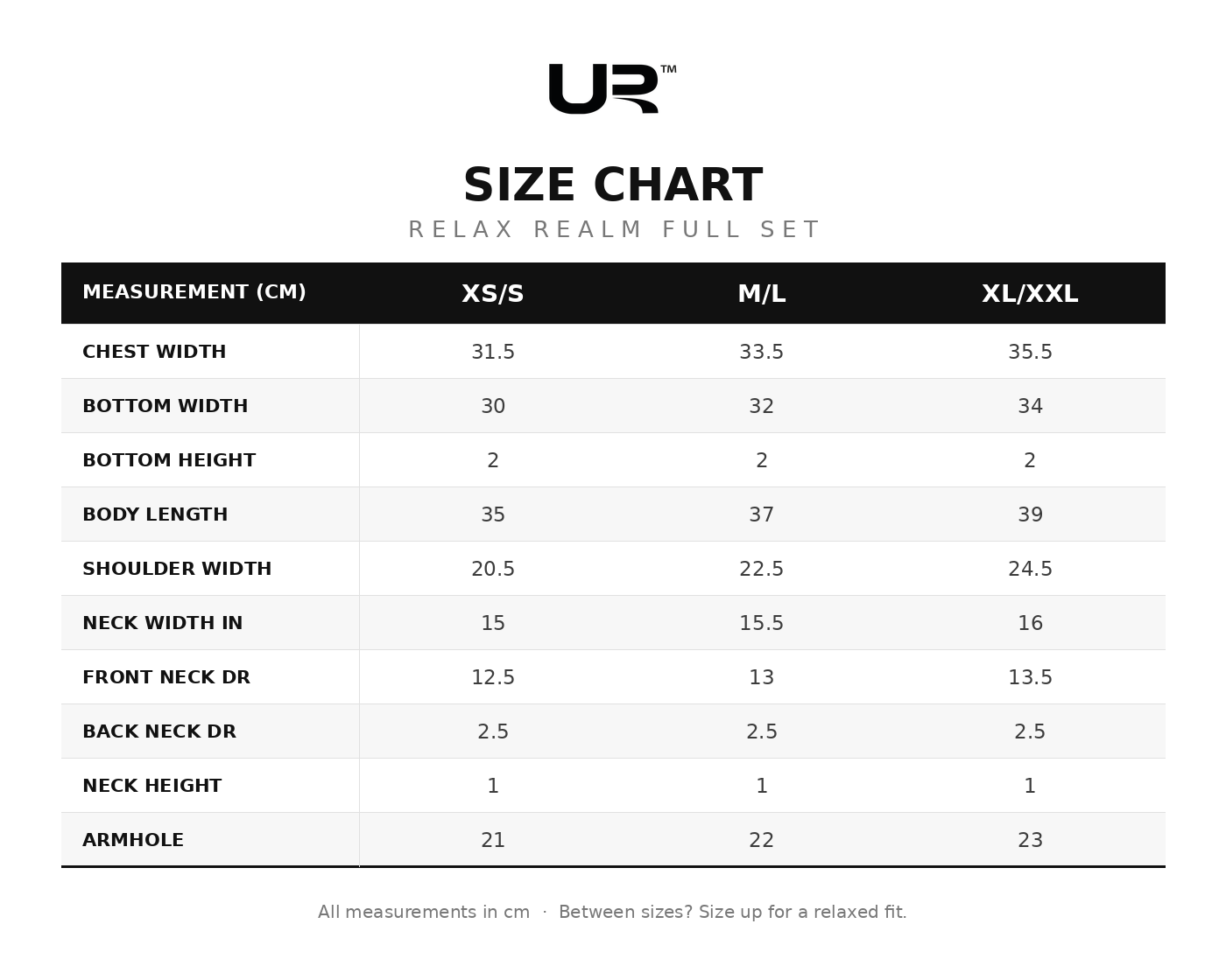 Relax Realm Full Set size chart