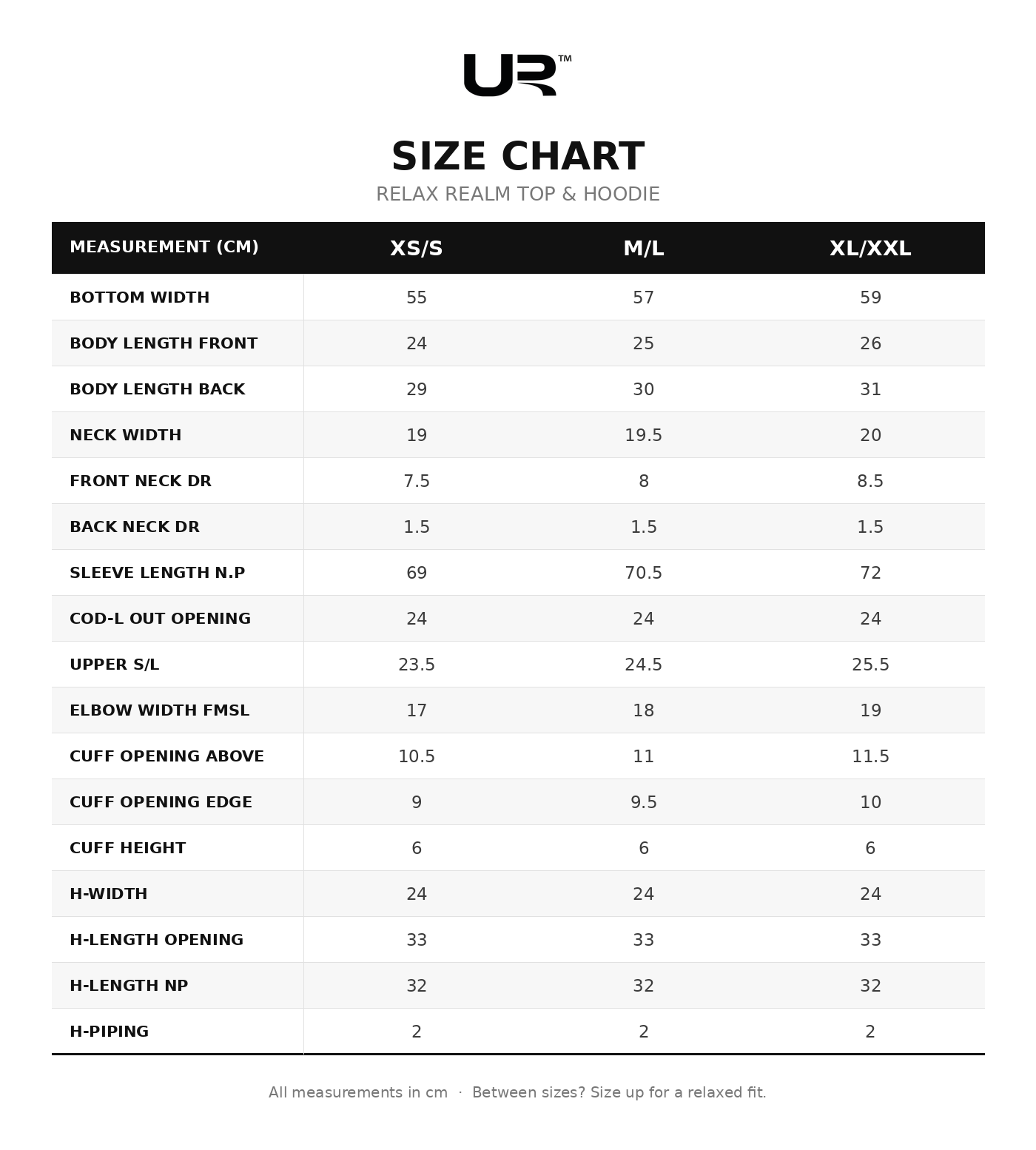 Relax Realm Top & Hoodie size chart