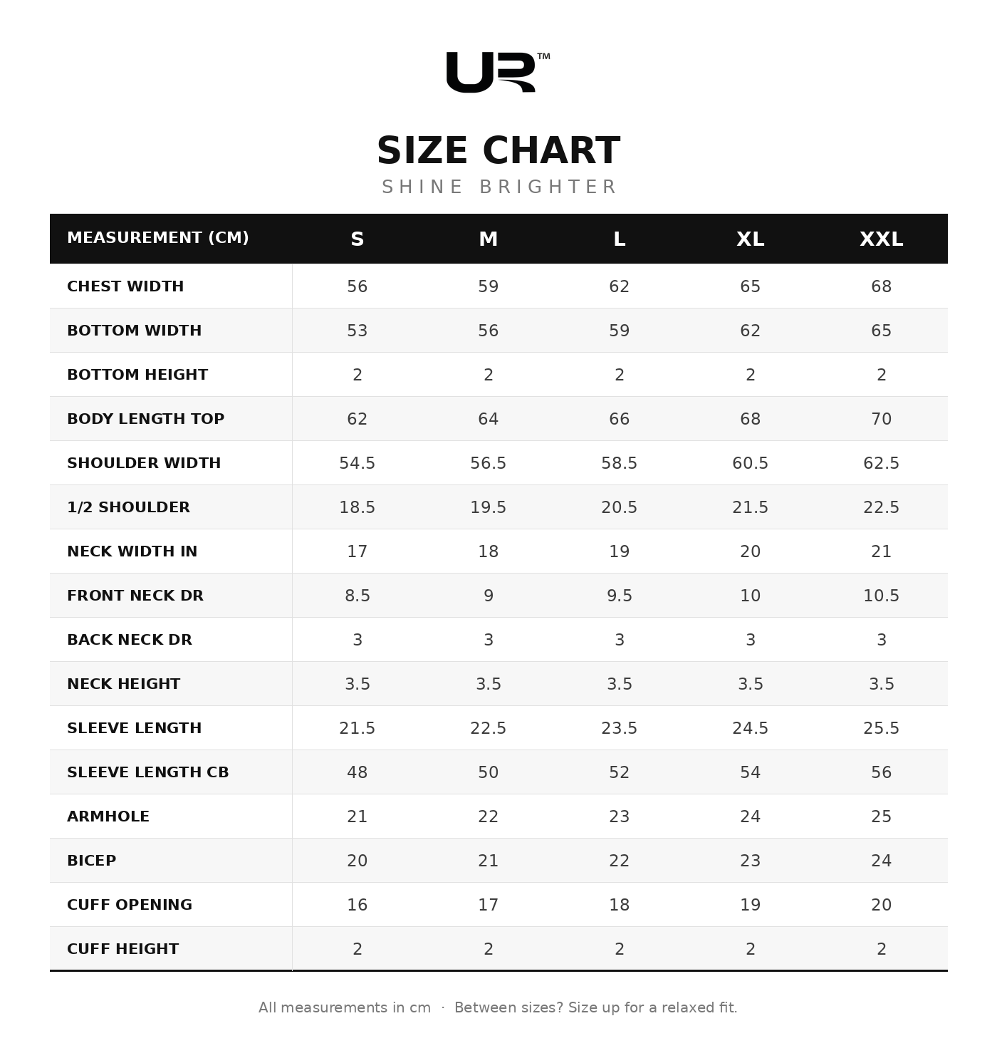 Shine Brighter size chart