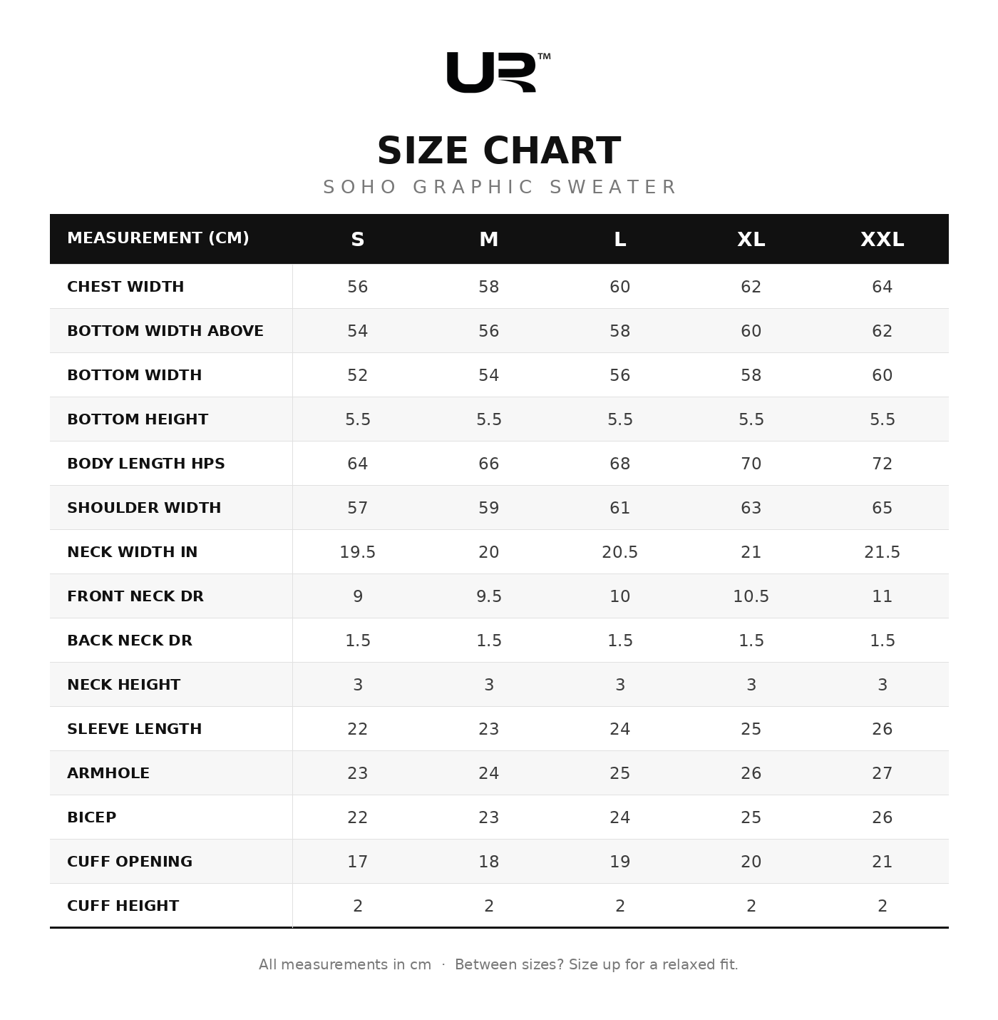 Soho Graphic Lightweight Sweater size chart