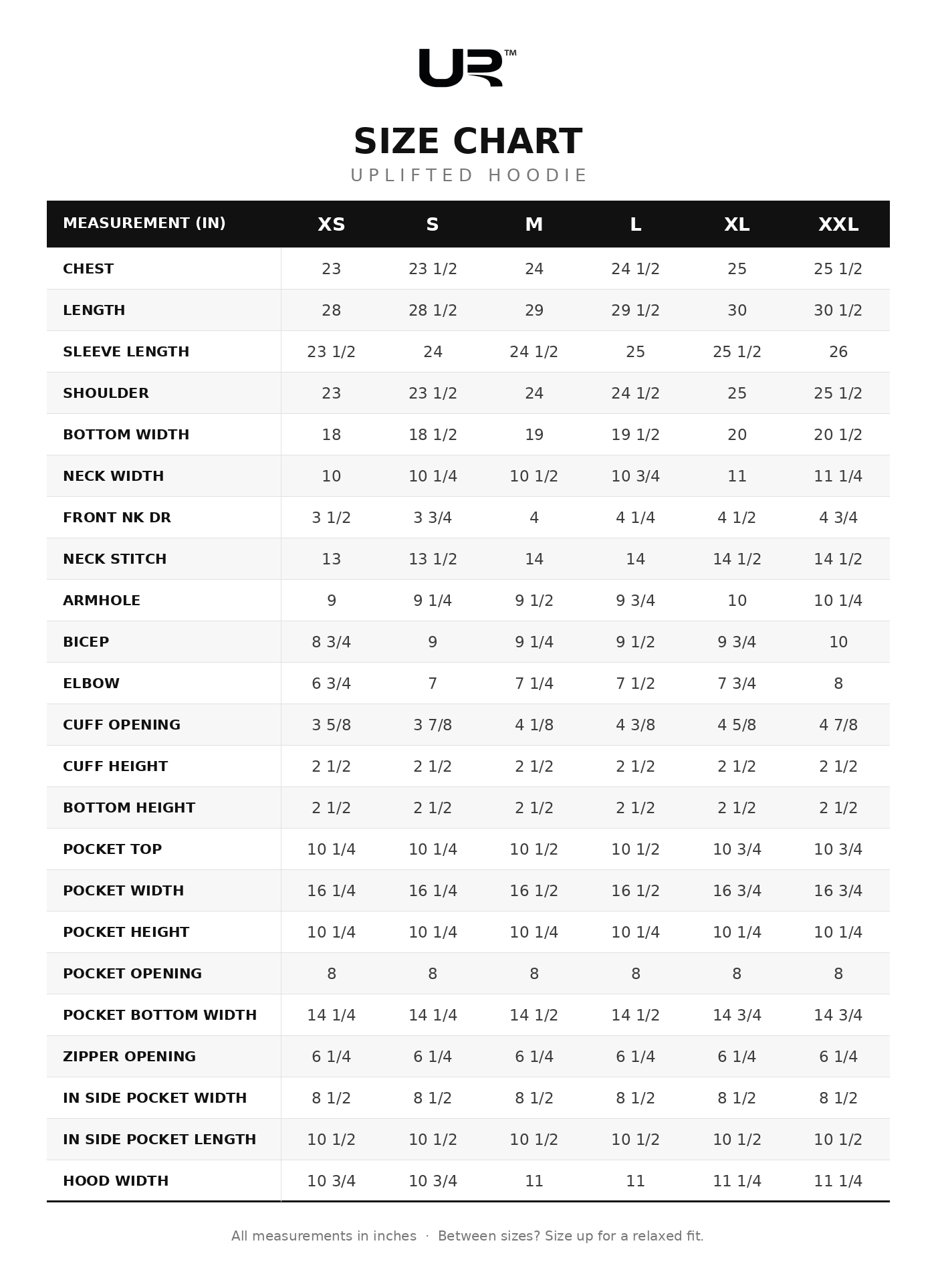 Uplifted Hoodie size chart