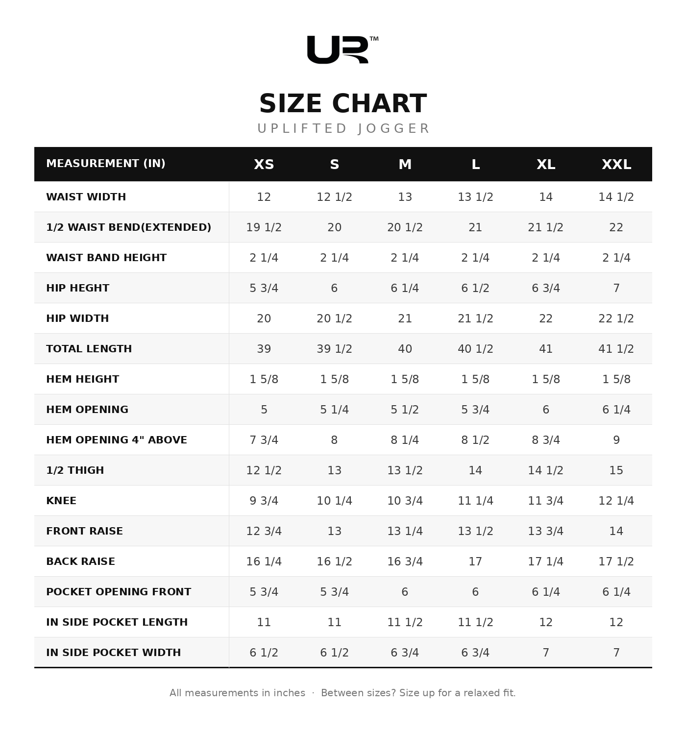 Uplifted Jogger size chart