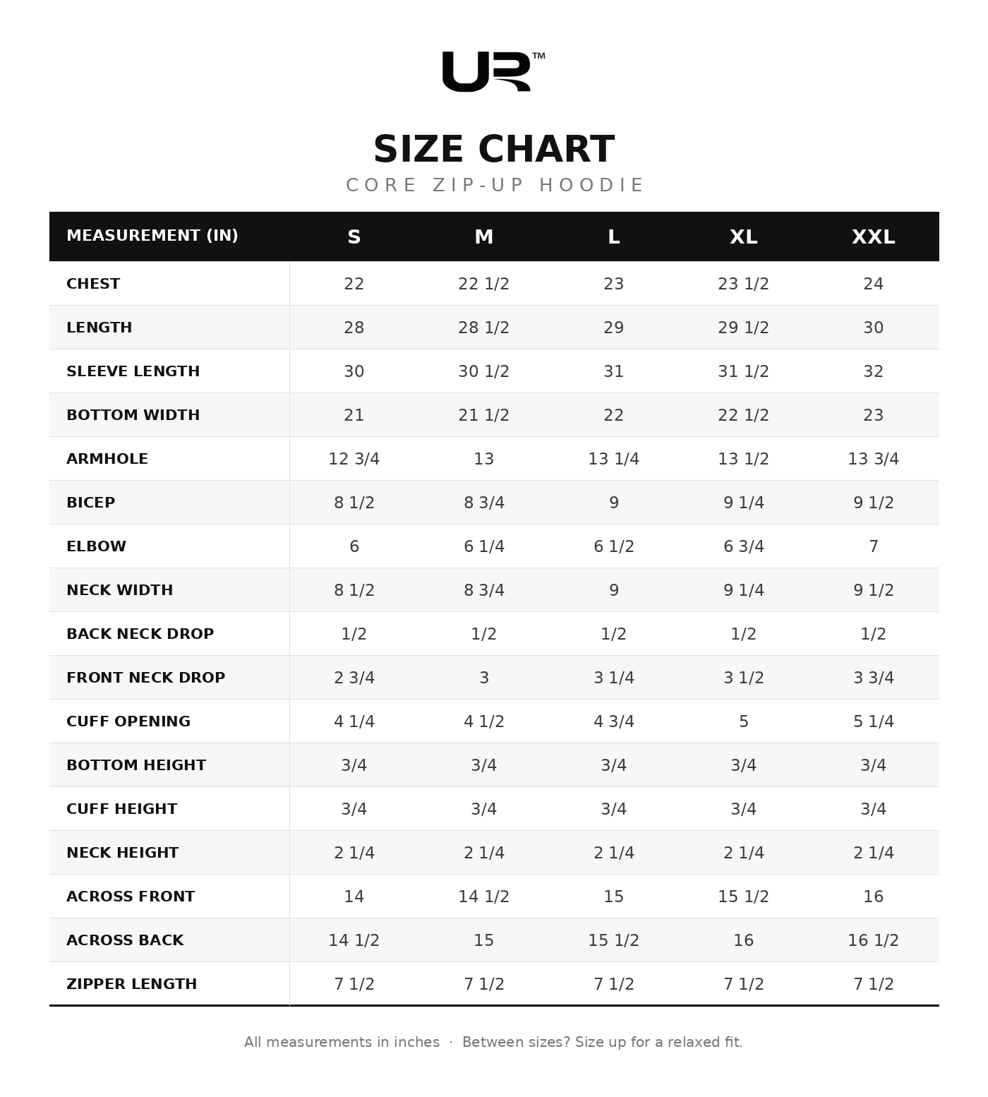Core Zip-Up Hoodie size chart