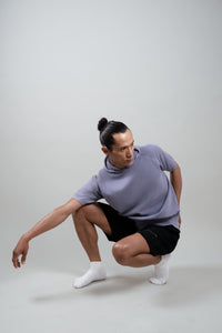 URBVN Solid Hoodie in Striking Purple - relaxed fit, styled with black shorts